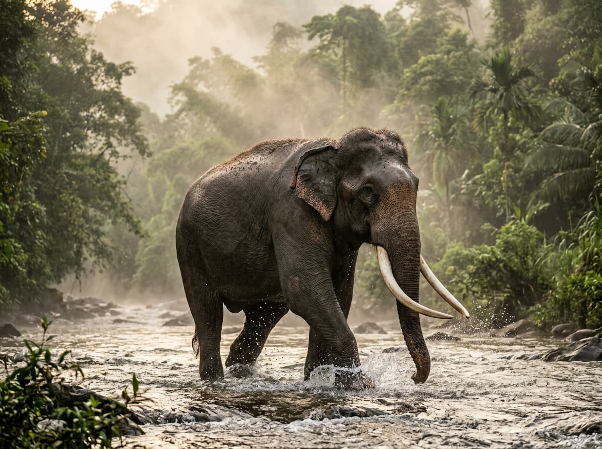 An Asian elephant crossing a forest river corridor in South Asia