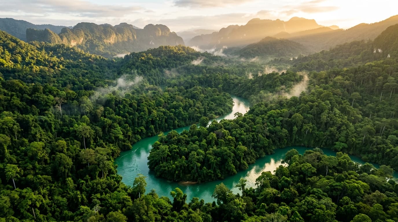 Aerial river and forest corridor across South Asia