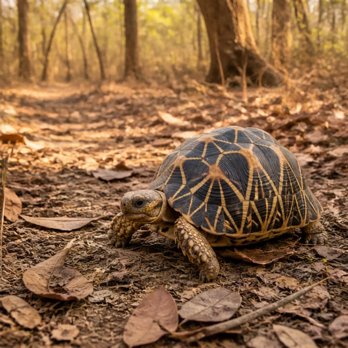 An Indian star tortoise crossing dry forest leaf litter