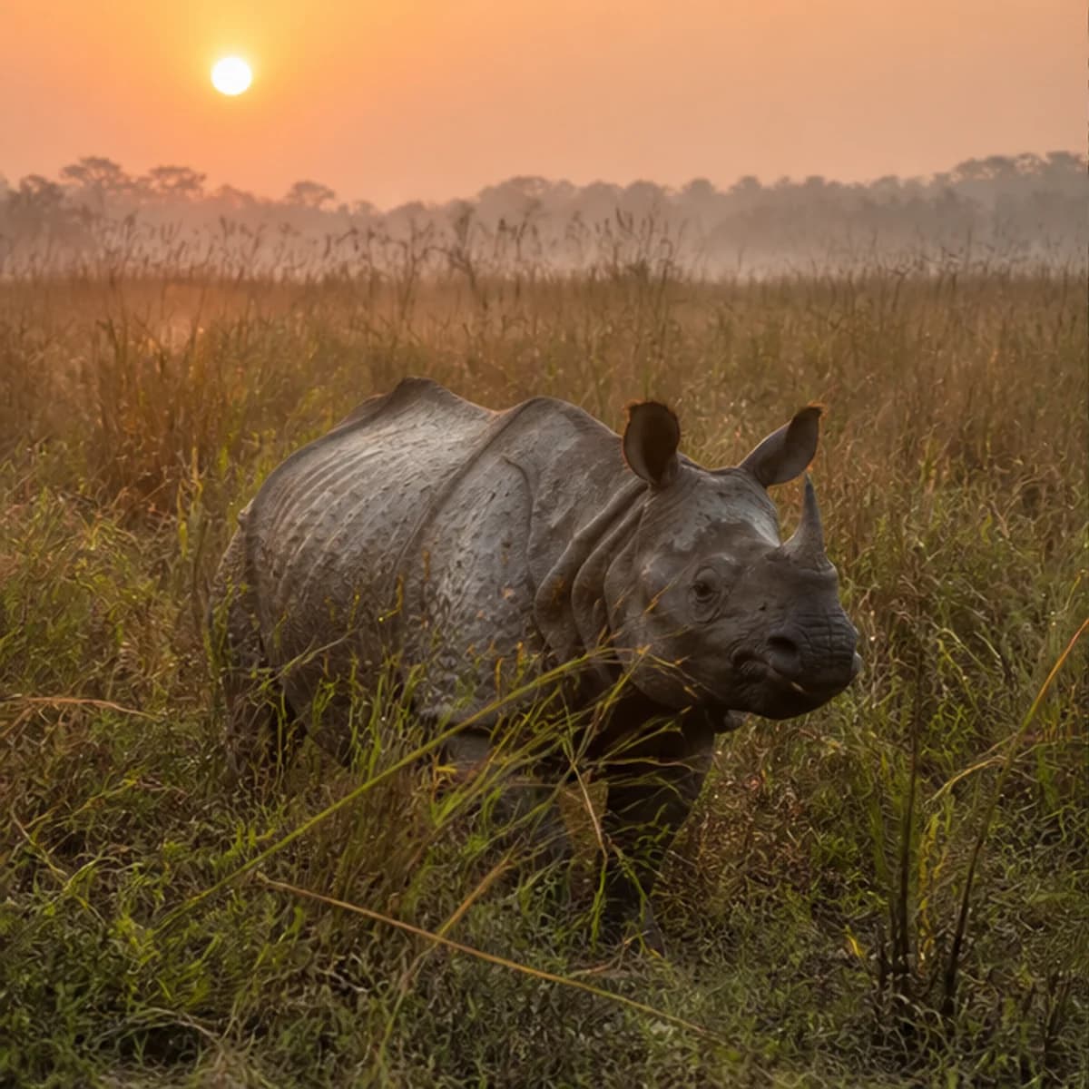 A one-horned rhinoceros moving through tall Terai grassland at sunrise