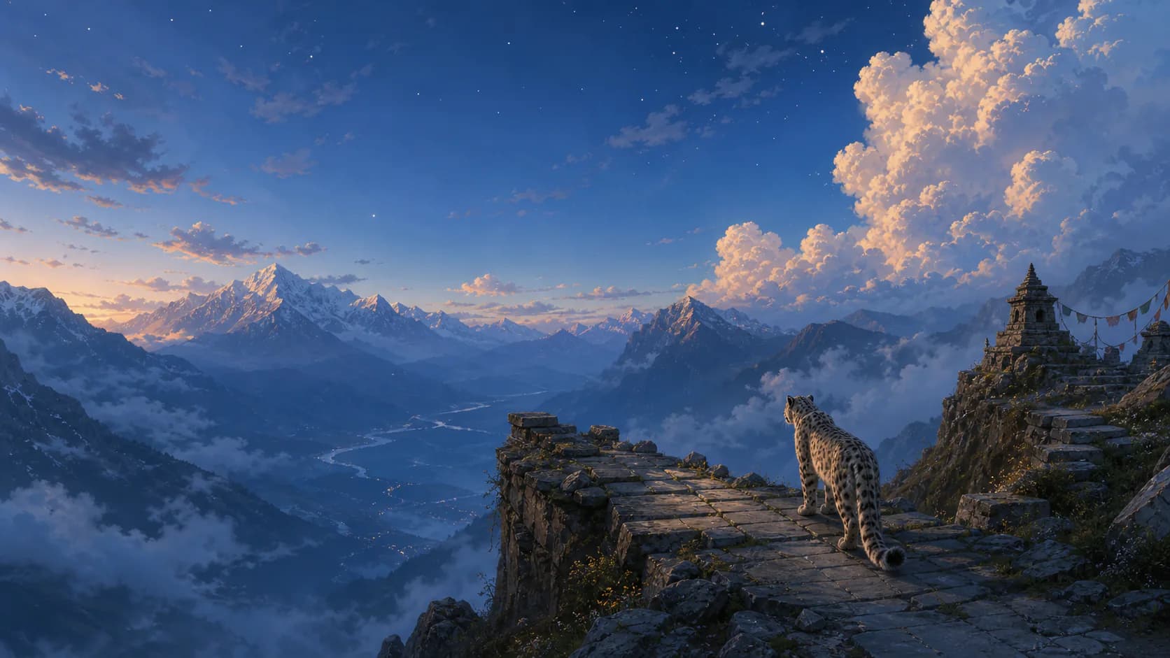 A snow leopard overlooking a Himalayan landscape beneath a vast evening sky